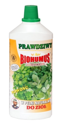 Biohumus Extra do Ziółzawiera bogatą mikroflorą bakteryjną, próchnicę pokarmową, oraz inne składniki niezbędne do prawidłowego i szybkiego wzrostu ziół. Stosowany w uprawie ziół poprawia ich walory smakowe. Jest nawozem bezpiecznym, naturalnym, nieprzedawkowalnym. Nie zawiera chemii.Stosowanie:przy każdorazowym zapotrzebowaniu na wodę, 3-4 nakrętki na 1 litr wody 