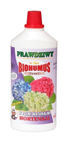 Biohumus Extra Hortensjajest łatwo przyswajalnym nawozem przeznaczonym do zasilania wszystkich odmian hortensji. Zawiera bardzo bogatą mikroflorę bakteryjną oraz próchnicę pokarmową, dzięki którym nawóz zapewnia optymalny wzrost i rozwój roślin, uodparnia na choroby, wpływa na długotrwałe kwitnienie oraz intensywne wybarwienie hortensji.Stosowanie:przy każdorazowym zapotrzebowaniu na wodę, 3-4 nakrętki na 1 litr wody 