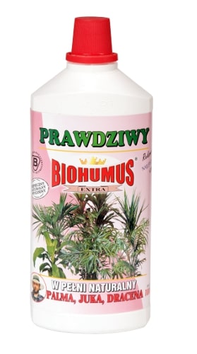 Biohumus Extra Palma Juka Dracenajest płynnym, łatwo przyswajalnym nawozem naturalnym znakomicie wpływającym na wzrost, kondycję i zdrowie wszelkich odmian palm, jukk i dracen. Zapewnia bujny wzrost, intensywne wybarwienie liści oraz zwiększa odporność na choroby i szkodniki. Nawozy Biohumus Extra to nawozy naturalne pochodzące z odchodów dżdżownic kalifornijskich.Stosowanie:Przy każdorazowym zapotrzebowaniu na wodę, 3-4 nakrętki na 1 litr wody.
