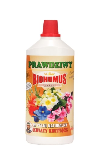 Biohumus Extra Kwiaty Kwitnącejest naturalnym nawozem płynnym najwyższej jakości z bardzo bogatą mikroflorą bakteryjną oraz próchnicą pokarmową, które znakomicie wpływają na wzrost, kondycję i zdrowie wszelkich odmian kwiatów kwitnących. Produkt ten zapewnia obfite i długotrwałe kwitnienie oraz intensywne wybarwienie liści i kwiatów.Stosowanie:Przy każdorazowym zapotrzebowaniu na wodę, 3-4 nakrętki na 1 litr wody. Nawozy Biohumus Extra to nawozy naturalne pochodzące z odchodów dżdżownic kalifornijskich.