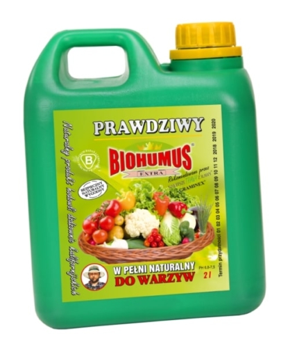 Biohumus Extra do WarzywBiohumus Extra do Warzyw to w pełni naturalny nawóz przeznaczony do upraw warzyw. Nie zawiera chemii. Posiada bardzo bogatą mikroflorę bakteryjną. Powoduje lepsze ukorzenienie roślin, lepszy start nasion i zdrowy rozwój roślin co przeciwdziała chorobom. Stosowany w uprawie warzyw poprawia ich walory smakowe i jakościowe.Stosowanie:po wysianiu nasion: rozcieńczyć 0,3 l Biohumusu Extra do Warzyw w 10 l wody i takim roztworem podlewać grządki konewką na powierzchni 5-10 m2,